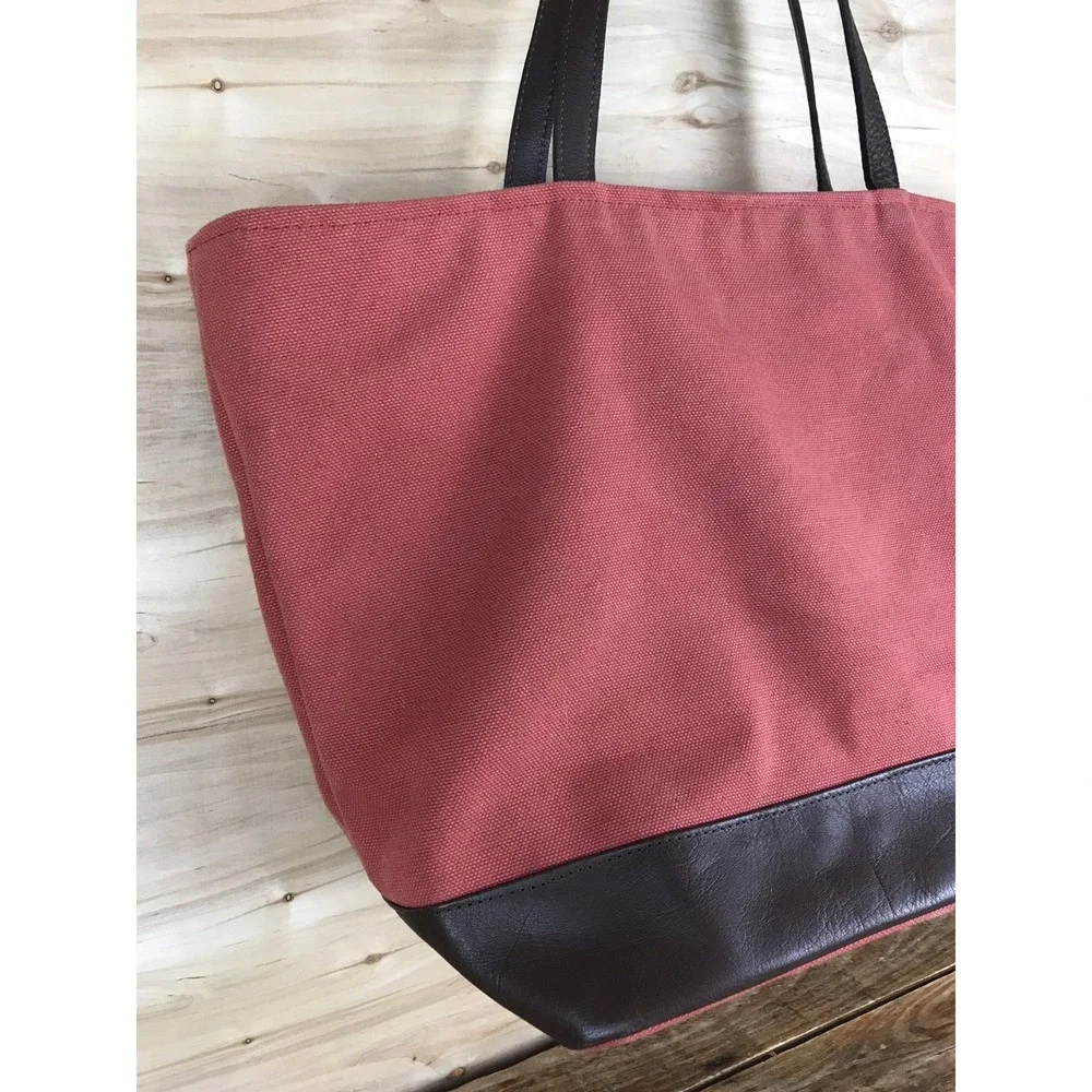 Restoration Hardware Large Canvas Tote Heavy Bag Leather Handles Zip Coral
